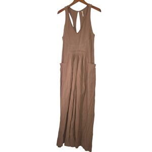 Free People Linen Blend jumpsuit Taupe V Neck Sleeveless‎ Pleated Pockets Small